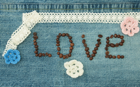 Valentine, greeting card with coffee beans and knitted flowers.の写真素材