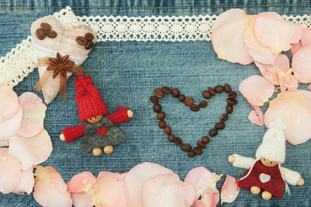 Valentine, greeting card with textile coffee heart, couple in loveの写真素材