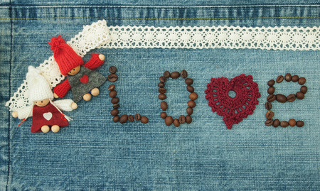 Valentine, greeting card with knitted red heartの写真素材