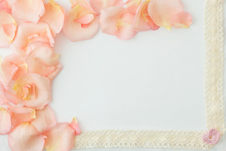 valentine's day background. White background with soft pink rose petals and pink little heart.の写真素材
