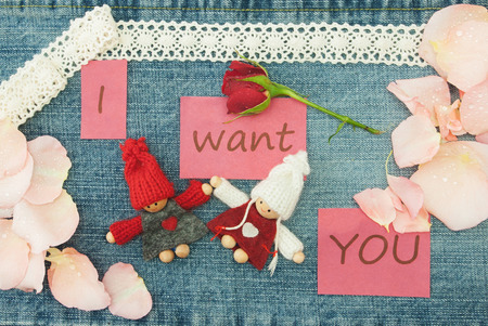 Valentine, greeting card with knitting couple in love, little red rose and soft pink rose petals.の写真素材