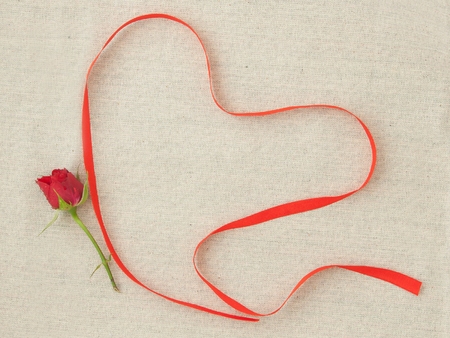 Valentine, greeting card with red little rose and red ribbon in the shape of a heart.の写真素材