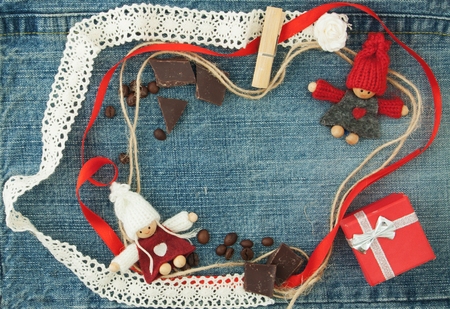 Valentine background, greeting card with knitting loving coupleの写真素材