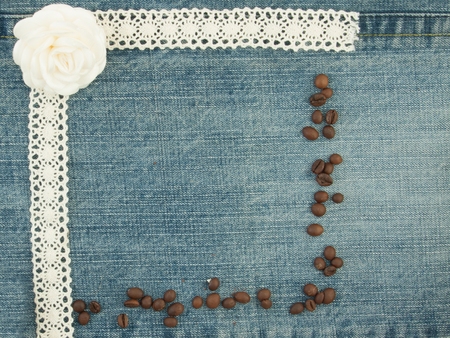 Valentine background, greeting card with coffee beans, little white rose.の写真素材