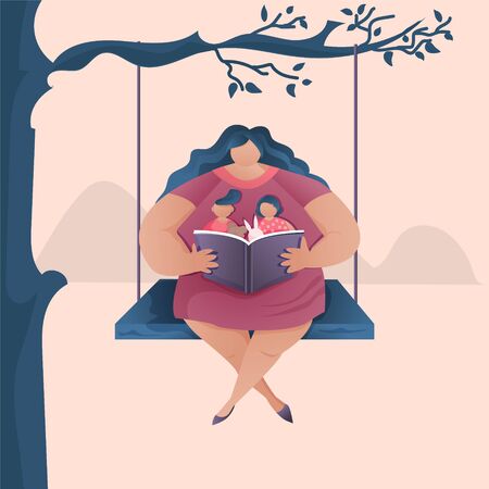 Mom sits on a swing under a tree and reads a book to her children.のイラスト素材