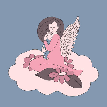 Mother with angel wing holds a small child in her armsのイラスト素材