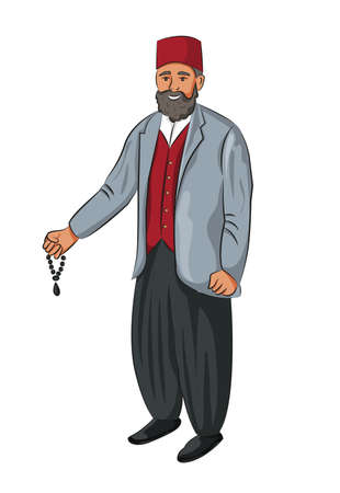 Turkish man with red fez and rosary. Man in traditional turkish hat and dress.のイラスト素材