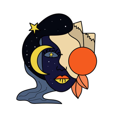 Abstract portrait woman symbolizing night day. The unity of man with nature. Linear abstract human face.のイラスト素材