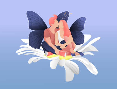 Romantic couple people butterflies. Magic couple in love. Lovers from a fairy tale. Butterfly wings.のイラスト素材