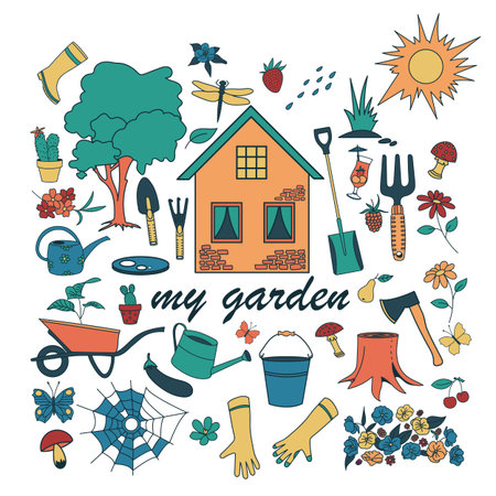 Gardening doodle set, hand drawn isolated design of gardening elements. Color set of garden toolsのイラスト素材