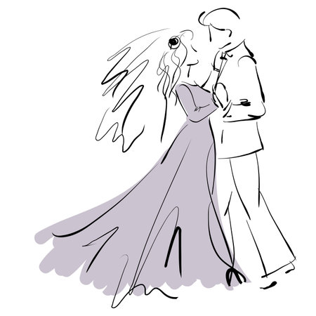 art sketching beautiful young  bride and groom in dance on white background. の写真素材