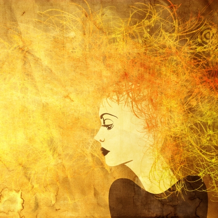 art colorful painting beautiful girl face on square golden backgroundの写真素材