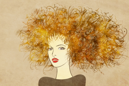 art colorful painting beautiful girl face with gold hair on sepia backgroundの写真素材