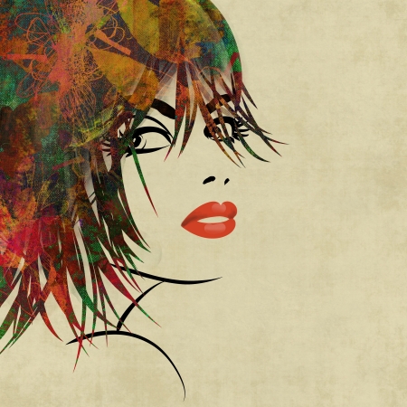 art colorful sketching beautiful girl face on sepia backgroundの写真素材