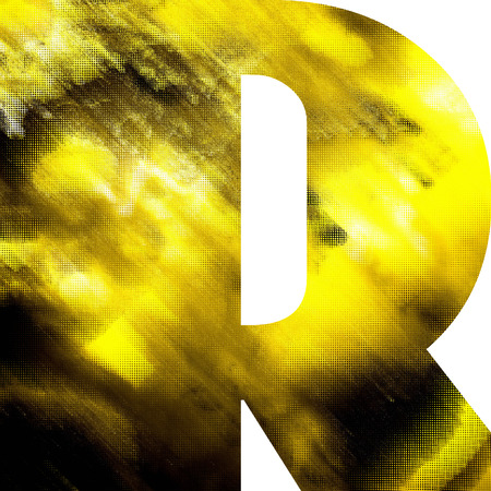 art blurred glass alphabet, golden font on white background, sign Rの写真素材