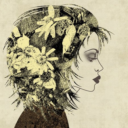 art colorful sketched beautiful girl face in profile with floral hair on sepia backgroundの写真素材