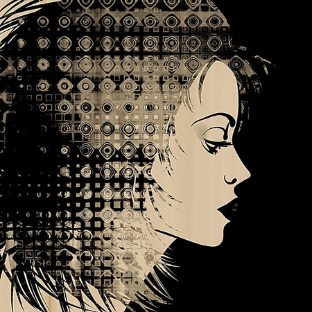 art sketched beautiful girl face in profile with geometric ornament hair on black background, in black and whiteの写真素材
