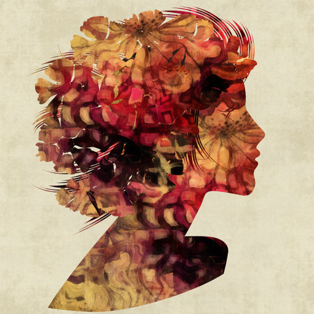 art colorful floral silhouette profile of beautiful girl with curly hair on sepia backgroundの写真素材