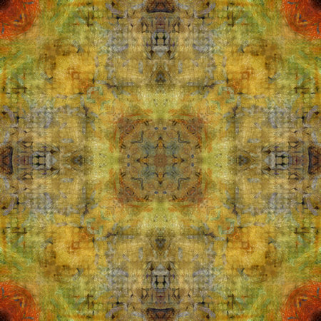 art geometric ornamental vintage pattern drawn with colored pencils; background in yellow, orange,...