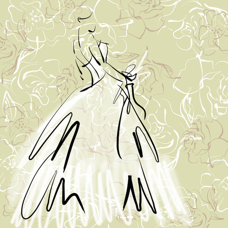 art sketch of beautiful young  bride with the bride's bouquet on floral sepia backgroundの写真素材