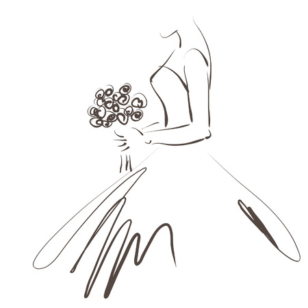 art sketching beautiful young  bride with the bride's bouquet on white backgroundの写真素材