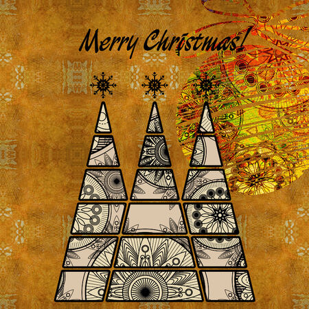 art three christmas tree and ball in black and white colors with abstract floral geometric pattern on vintage gold and orange pattern backgroundの写真素材