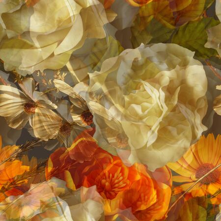 art vintage floral seamless pattern with gold orange and white roses, asters and peonies on dark green brown background. Double Exposure effectの写真素材