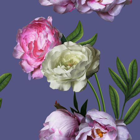 art vintage floral seamless pattern with pink and white peonies isolated on violet blue backgroundの写真素材