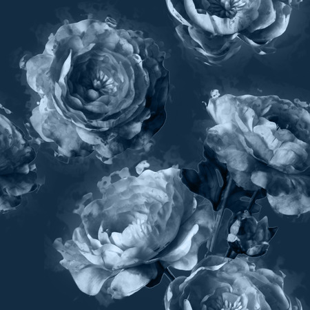 art vintage monochrome floral seamless pattern with white peonies on blue grey backgroundの写真素材