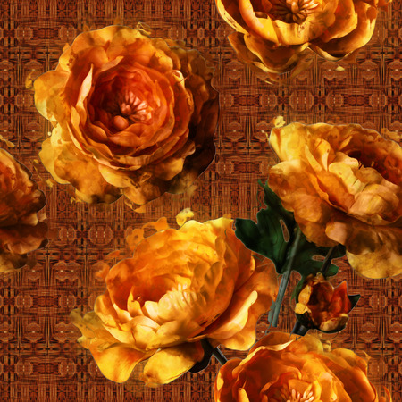 art vintage floral seamless pattern  with golden peonies ornamental brown backgroundの写真素材