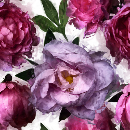 art vintage floral seamless pattern  with pink and lilac peonies isolated on white backgroundの写真素材
