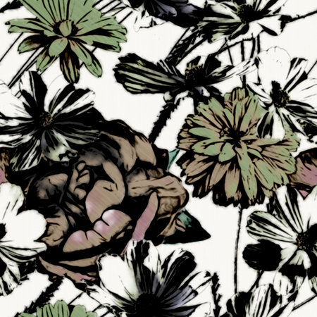 art vintage monochrome graphic and watercolor floral seamless pattern with purple peonies and old gold asters isolated on white backgroundの写真素材