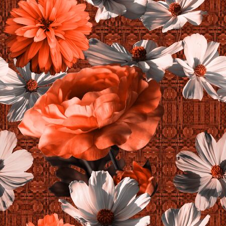 art vintage colorful graphic and watercolor floral seamless pattern with gold orange peonies and orange and white asters isolated on white backgroundの写真素材