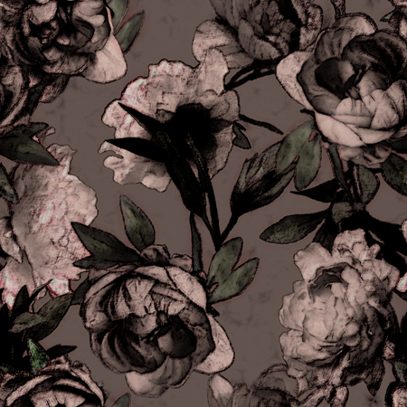 art vintage monochrome watercolor and graphic floral seamless pattern with pink peonies on dark purple backgroundの写真素材