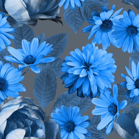 art vintage monochrome graphic and watercolor floral seamless pattern with blue peonies and asters on blue grey backgroundの写真素材