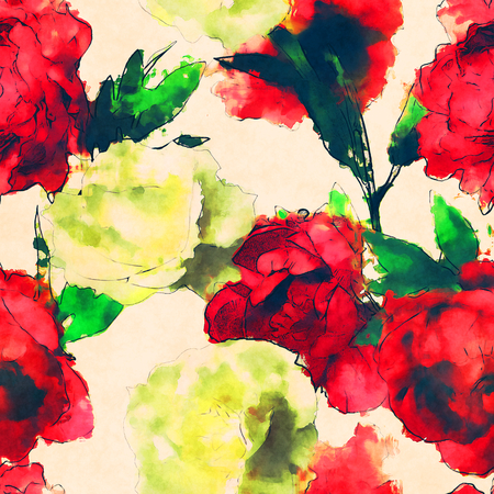 art vintage watercolor floral seamless pattern with white roses and red peonies isolated on light backgroundの写真素材