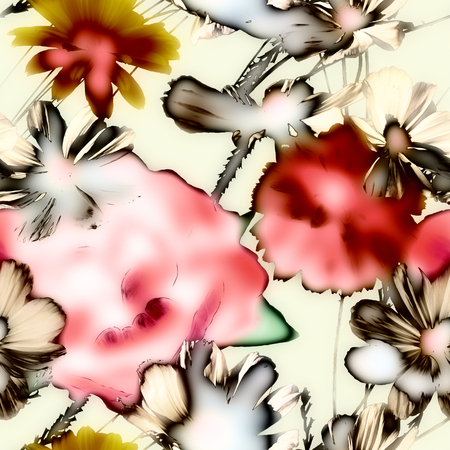 art vintage blur graphic and watercolor floral seamless pattern with purple peonies and gold and white asters isolated on light backgroundの写真素材