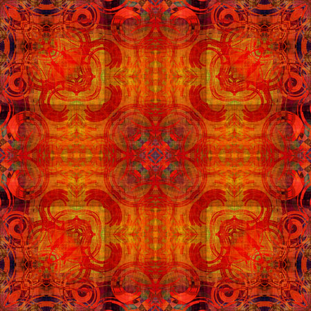 art deco ornamental vintage pattern, S.34, background in bright orange, gold and blue colorsの写真素材