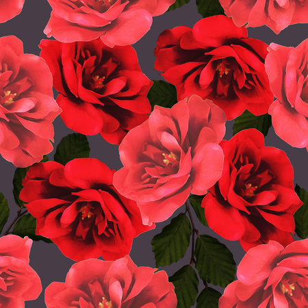 art vintage floral seamless pattern  with red roses on grey backgroundの写真素材