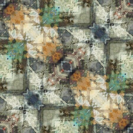 art nouveau ornamental vintage  pattern, S.1, colorful watercolor background in pastel green, blue, white, beige, grey olive and orange colorsの写真素材