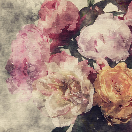 art grunge floral warm sepia vintage watercolor background with white, tea, purple and pink roses and peoniesの写真素材