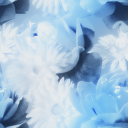 art monochrome watercolor  blurred vintage floral seamless pattern with blue and white roses isolated on blue backgroundの写真素材