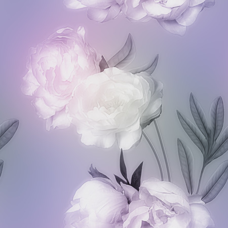 art vintage monochrome watercolor blurred floral seamless pattern with pink and white peonies isolated on lilac backgroundの写真素材