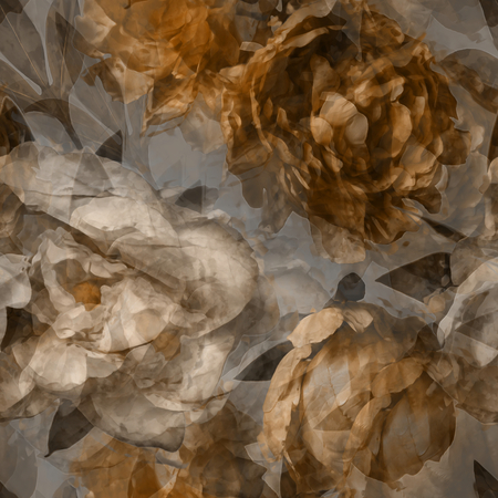 art vintage watercolor blurred floral seamless pattern  with white and gold peonies on grey background. Double Exposure effectの写真素材