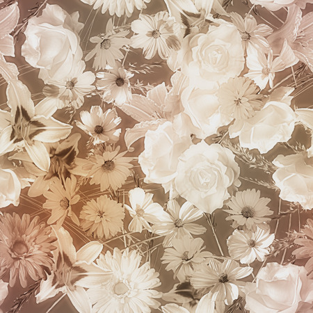 art vintage monochrome watercolor blurred floral seamless pattern with brown and white roses, asters, lilies and gerberas on dark  brown backgroundの写真素材