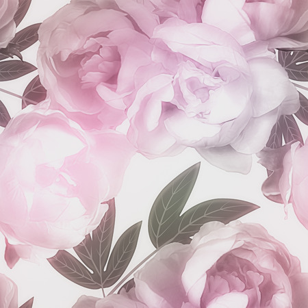 art vintage watercolor blurred floral seamless pattern with pink, purple and lilac peonies isolated on white backgroundの写真素材