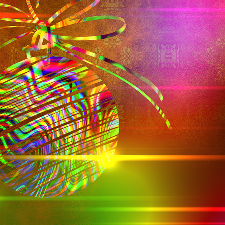 art christmas ball in green, gold and rainbow colors with abstract pattern on golden background with space for textの写真素材