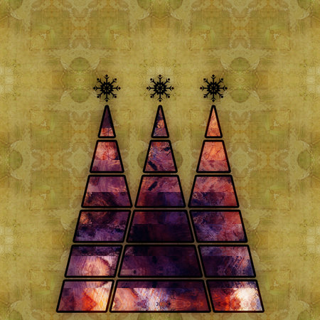 art three christmas tree in purple, violet and orange colors with abstract pattern on beige vintage pattern background with space for textの写真素材