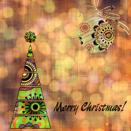 art christmas colorful graphic tree and ball with abstract floral pattern on beige and brown background with space for textの写真素材
