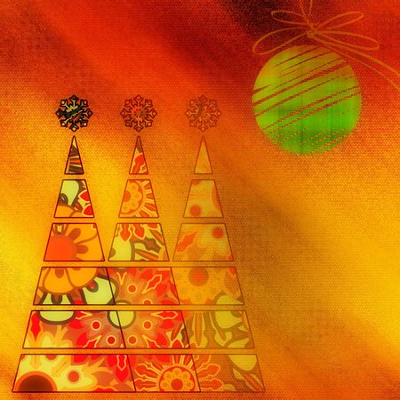 art three christmas tree and ball in gold and red colors with abstract floral vintage pattern  on gold and orange background  with space for textの写真素材